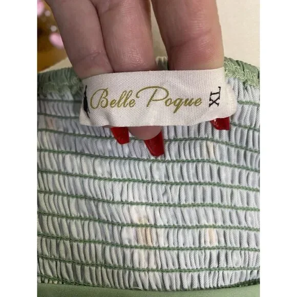 Belle Poque A Line Fit & Flare Green Daisy Midi Dress Womens XL Pockets Smocked - Picture 7 of 9